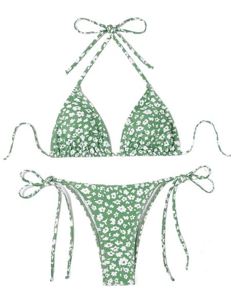 

ditsy floral halter micro triangle tie side bikini swimsuit c3ux#, White;black