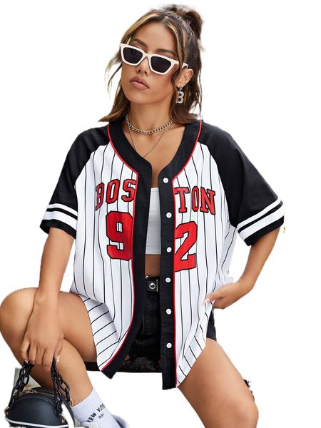 

vertical striped & letter graphic contrast piping raglan sleeve blouse a0qq#, White