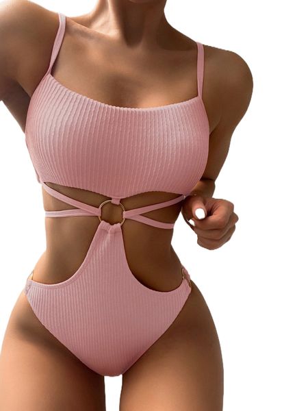 

ring linked cut-out one piece swimsuit 75bf#, White;black