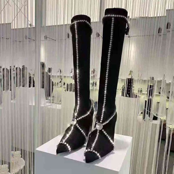 

boots women's black suede winter boots pointed shoes high heels with rhinestones