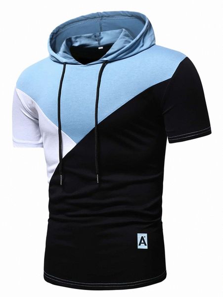 

romwe guys colorblock drawstring hooded tee b2ub#, White;black