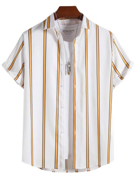 

men 1pc vertical striped curved hem shirt h405#, White;black