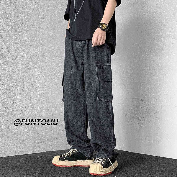 

blue/black baggy jeans men fashion oversized pocket cargo jeans men streetwear hip hop loose straight denim pants mens trousers t220726