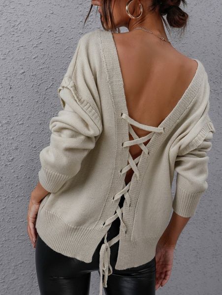 

lace up back drop shoulder sweater o1bw#, White;black