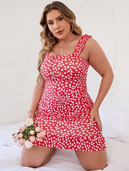 

plus ditsy floral ruffle hem cami dress s72n#, Black