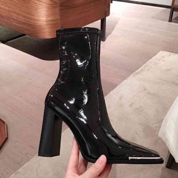 

boots kendou net red same patent leather high heel short boots women's autumn and winter metal square head middle tube thick bxxy, Black