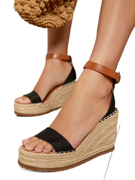 

open toe ankle strap espadrille wedges 10v8#, Black;white
