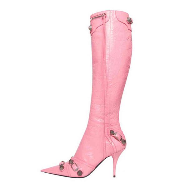 

boots woman new knee high slim tassel shoes 45 fashion pure color be toe stiletto heels vintage metal buckle zipper 220805, Black