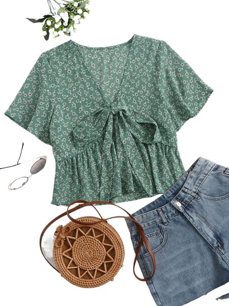 

ditsy floral tie front peplum blouse t3tl#, White