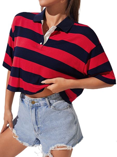 

drop shoulder striped polo shirt 18q1#, White