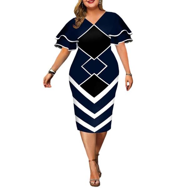 Abiti taglie forti Abito da sera da donna con simmetria geometrica per la festa estiva 5XL Abiti longuette a maniche corte con volant eleganti casual primaveriliPiù