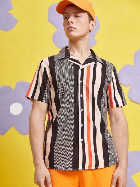 

men striped button front shirt 52ws#, White;black