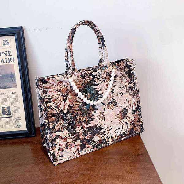 

shopping bags canvas tote luxury designer handbag women shopper fashion vintage large capacity garden oil painting pearl shoulder 220318
