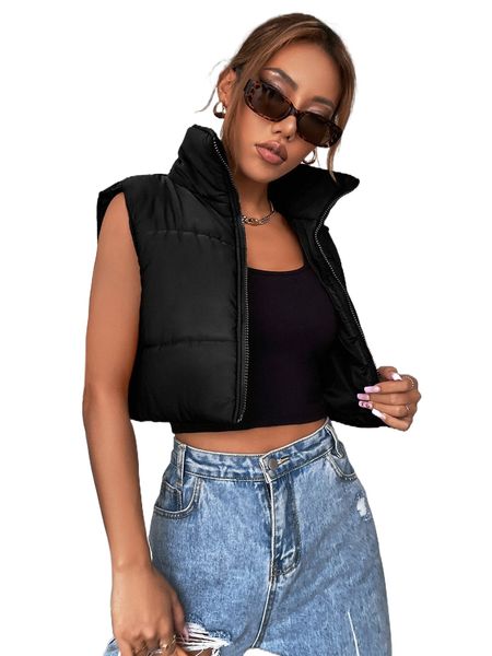 

sleeveless zip up crop puffer coat l16y#, Black