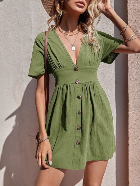 

button front deep v neck a-line dress u4ny#, Black;gray