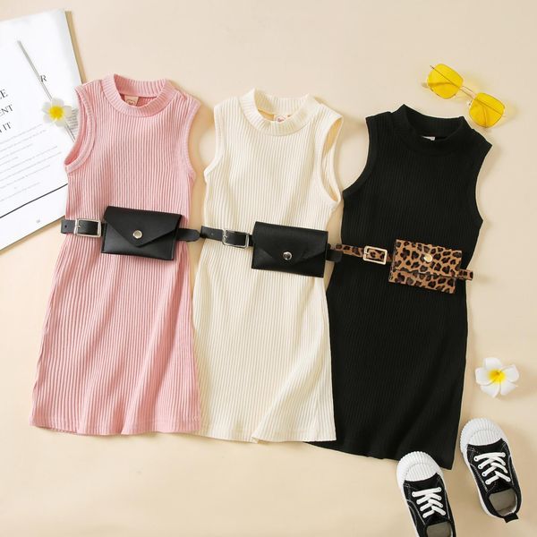 

1-6y summer fashion girls dress with belt bags 3 colors solid strap sleeveless knit straight sundress, Red;yellow