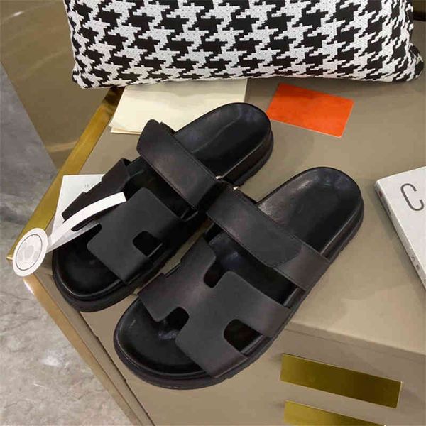 

designer paris hermees slipper chypres sandals fashion wear leather thick soled sandals women's summer magic patch beach casual ugly cu, Black