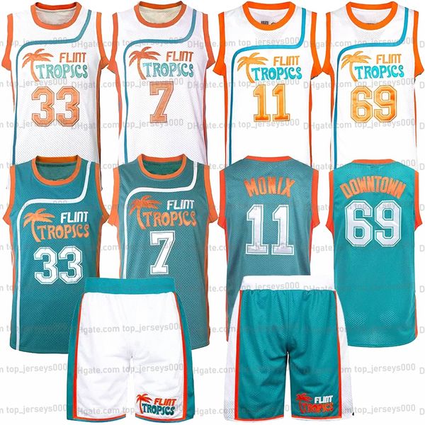 Jackie Moon # 33 Jersey Basketball Café Preto # 7 Downtown Malone # 69 Monix # 11 Flint Tropics Semi Pro Movie Jerseys Shorts Conjunto Homens Costurados Branco Verde