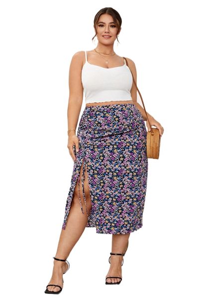 

plus crop cami & ditsy floral drawstring split thigh skirt 63p4#, Black