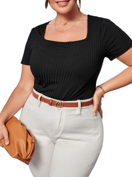 

plus square neck rib knit tee i0c1#, Black