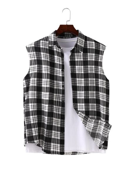 

men plaid print sleeveless shirt without tee w59e#, White;black