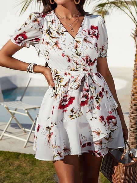 

floral puff sleeve belted dress d90e#, Black;gray
