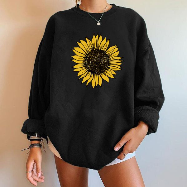 

women's hoodies sweatshirts harajuku oversized sunflower print women crewneck pullover drop shoulder loose streetwear moletom feminino, Black