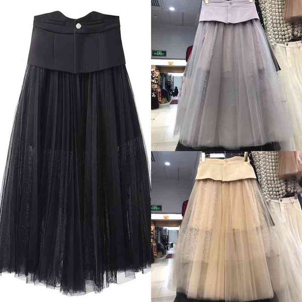 

skirts summer mesh high waist slim a-line mid length skirt, Black