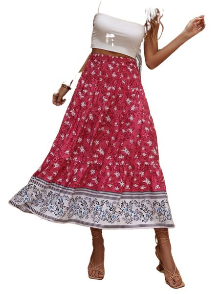 

floral print shirred ruffle hem skirt e6q3#, Black