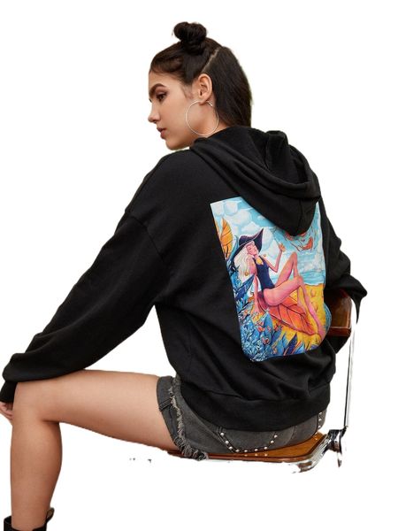 

x andra popovici figure graphic drop shoulder drawstring hoodie 139f#, Black