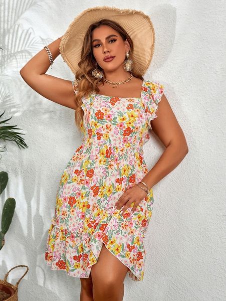 

plus floral print ruffle hem dress i2dt#, Black