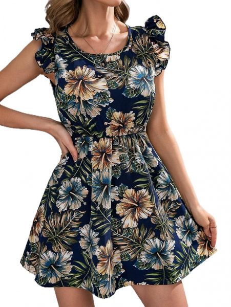 

allover floral ruffle trim a-line dress k8ix#, Black;gray