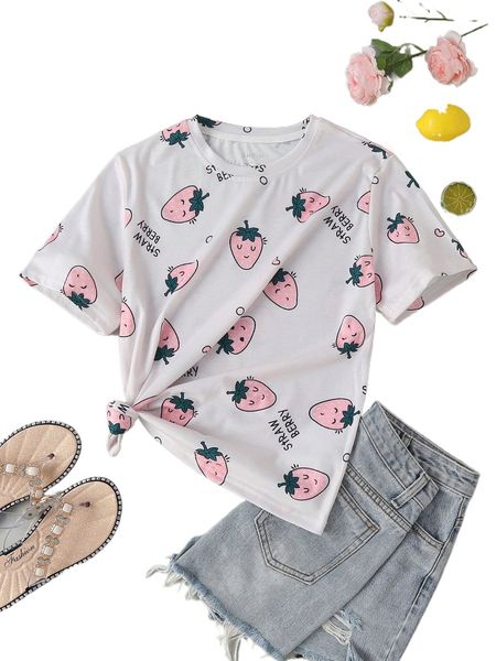 

strawberry & letter graphic tee e9sa#, White