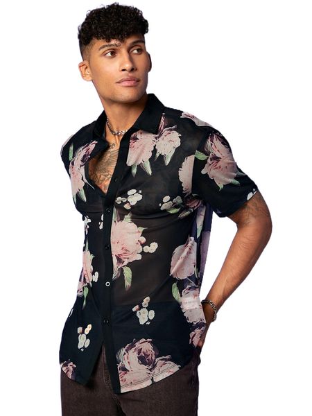 

men floral print mesh sheer shirt m5xa#, White;black