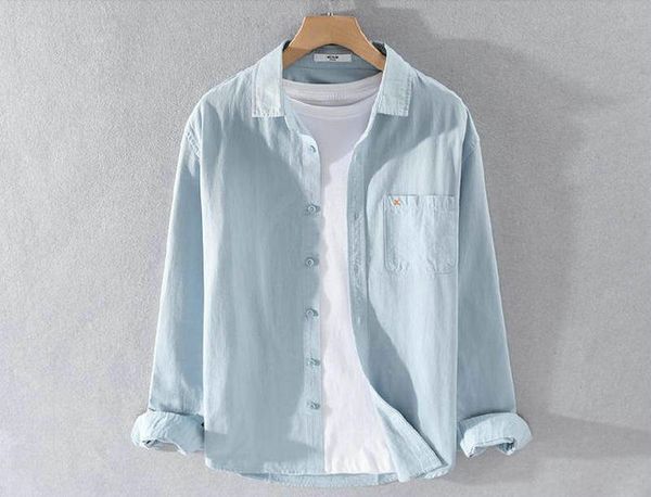 Camicie da uomo a colore solido primavera a manica lunga camicia harajuku coreana camicia top fashion blusa 100% semplice
