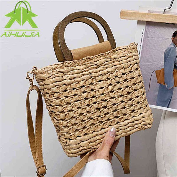 

shopping bag fashion square woven straw bags for women summer new handmade rattan beach handbag travel female shoulder messenger 220323