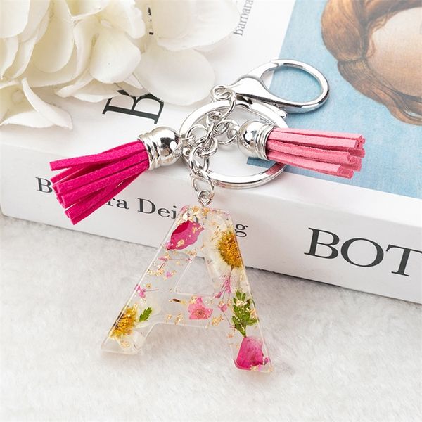 

1pc real dried flower letter alphabet keychain crystal resin words key chains car bag tassels pendent charms gift accessory 220623, Silver