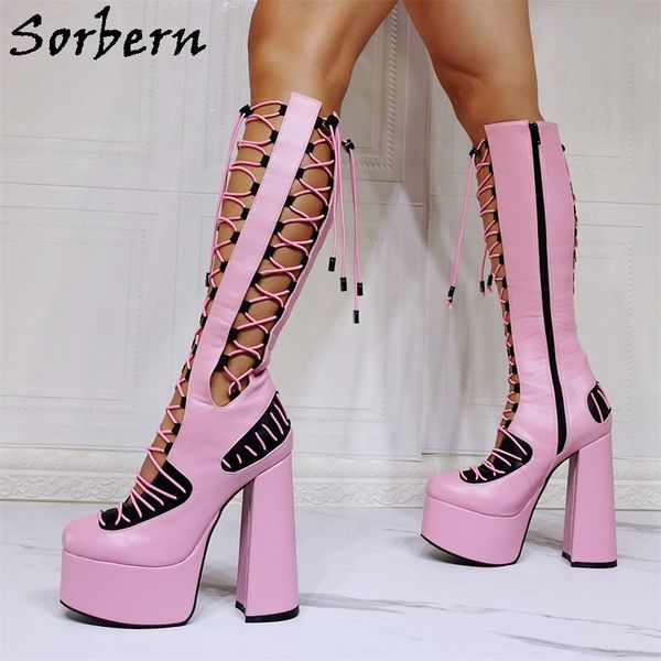 

sorbern pink matt block heel boots platform shoes summer style drag queen, Black