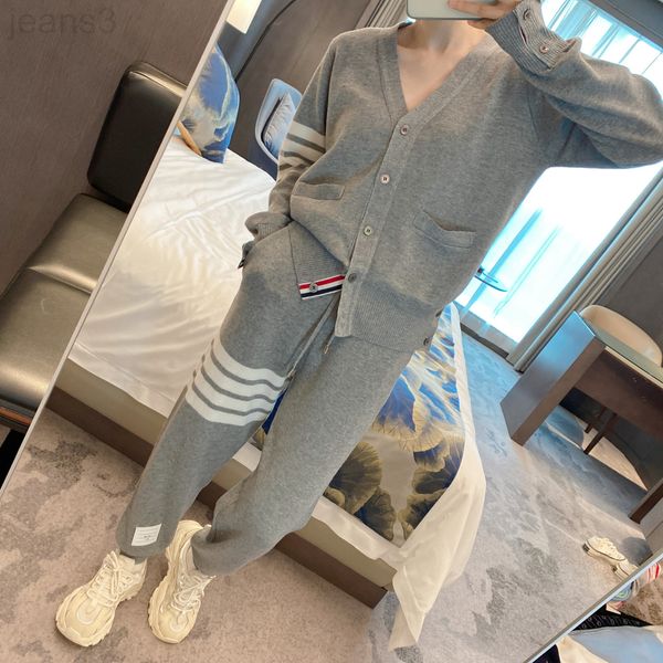 

two piece dress designer tb cardigan women's 22 autumn winter new wool knitted coat v-neck white sweater loose trousers two-piece suit