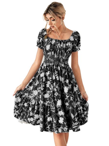 

floral print tie front ruffle hem dress v91g#, Black;gray