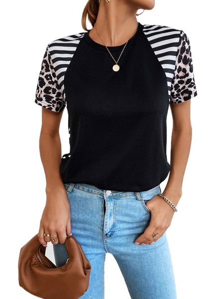 

striped & leopard print tee j8c3#, White