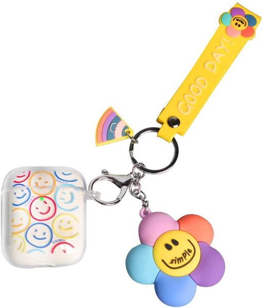 

airpods case cover, cute smiley clear soft silicon smooth shockproof with keychain girls kids women case for airpods 2 & 1 charging
