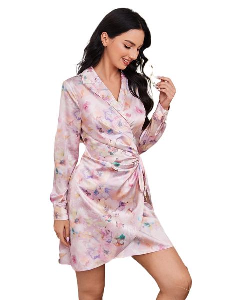 

floral print knot side wrap night dress g6gm#, Black;red