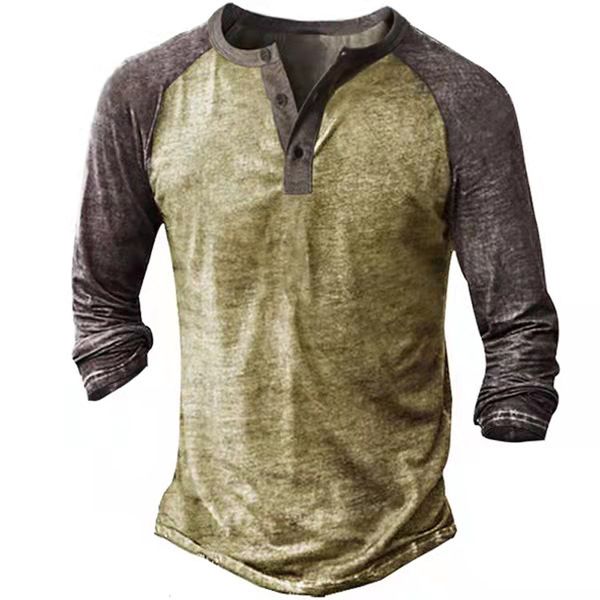 

2022 spring t-shirts for men vintage splicing printed buttoned v-neck casual loose long sleeve tee mens fashion pullover cx220420, White;black