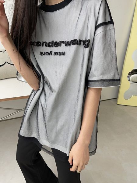 

women's t-shirt designer aw22 spring and summer new fake two-piece gauze spell white t-shirt chest letter nail bead decoration fashion