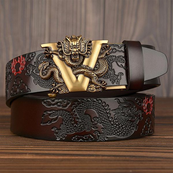 

china dragon designer belt men cowskin genuine luxury leather men's belts for men carving dragon pattern automatic buckle242t, Black;brown
