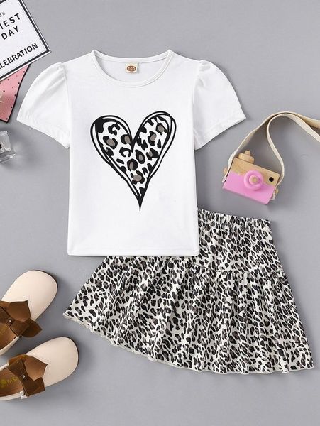 

toddler girls leopard & heart print tee & ruffle hem skirt she, White