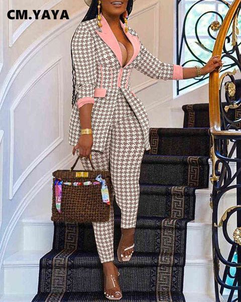 

cm yaya houndstooth women set long sleeves tunic high waist blazer pants suit office lady training suit two piece set fitness outfit j220813, White;black