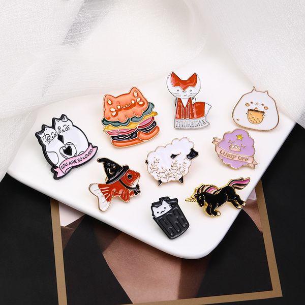 

ina cartoon animal brooch set for women cat fox fish sheep horse enamel badge 9pcs accessories, Gray