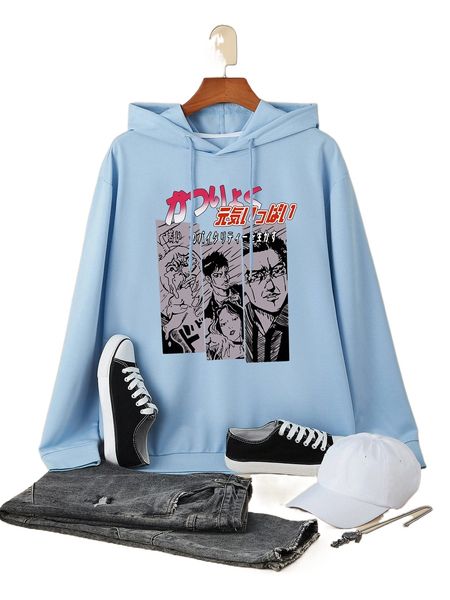 

men figure & letter graphic drawstring hoodie r9eu#, Black